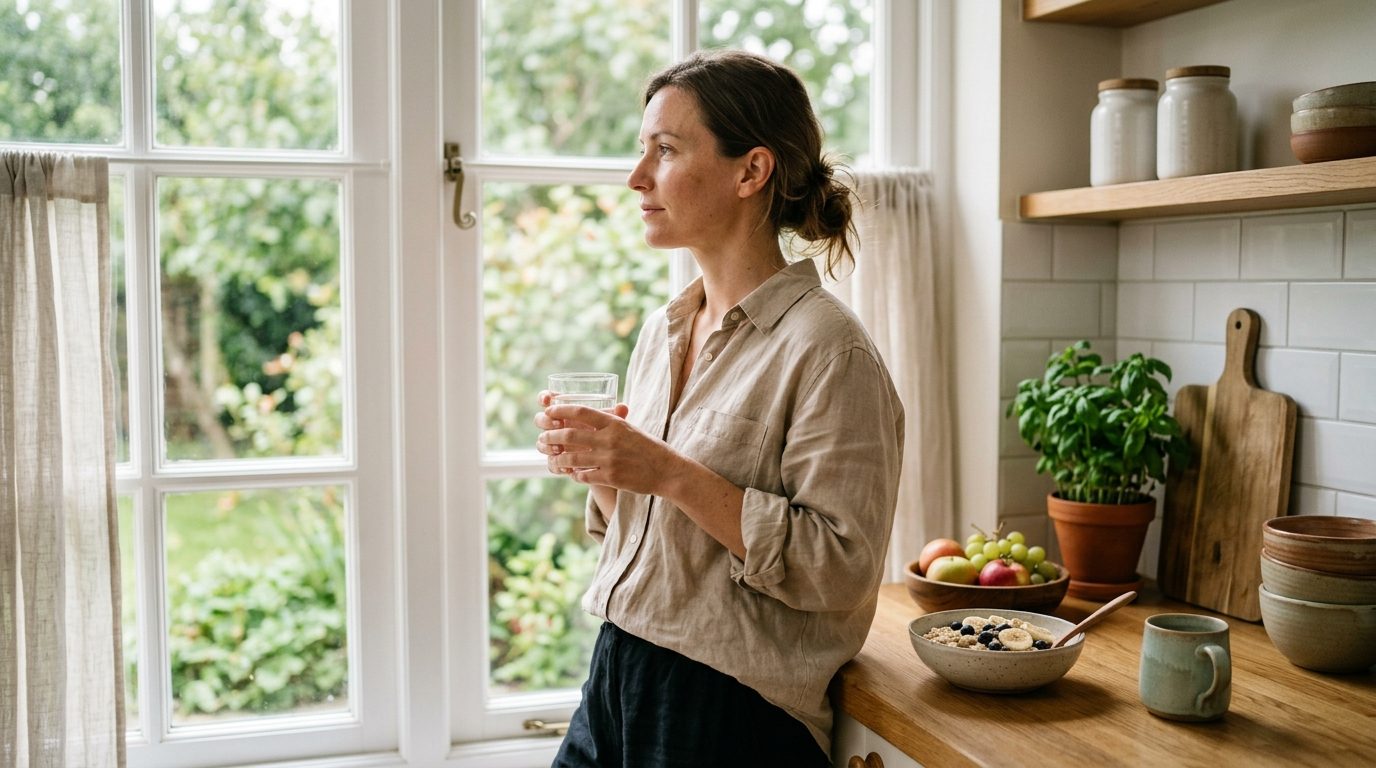 A calm morning with a glass of water in a bright kitchen